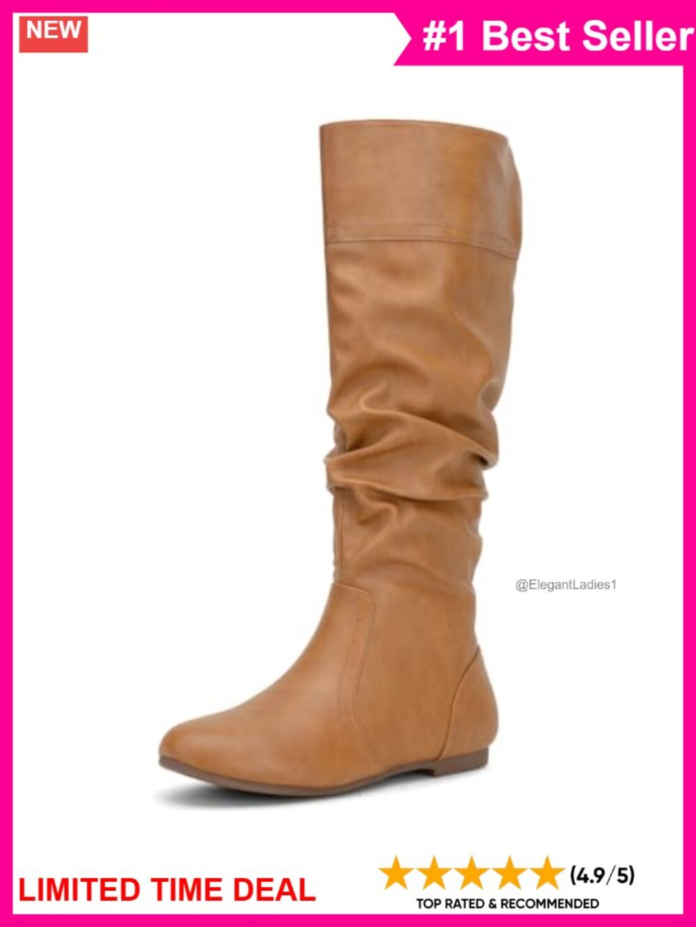 Jeossy Wide Calf Slouch Boots Knee High Faux Leather Flat Tall Boots